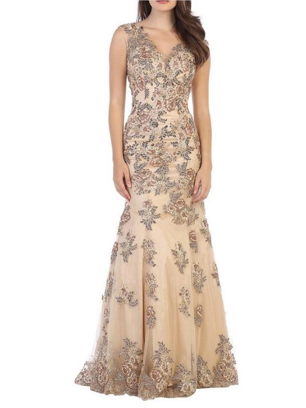 Cindy Collection USA Estelles Embellished Champagne Evening Gown - Women’s XXL